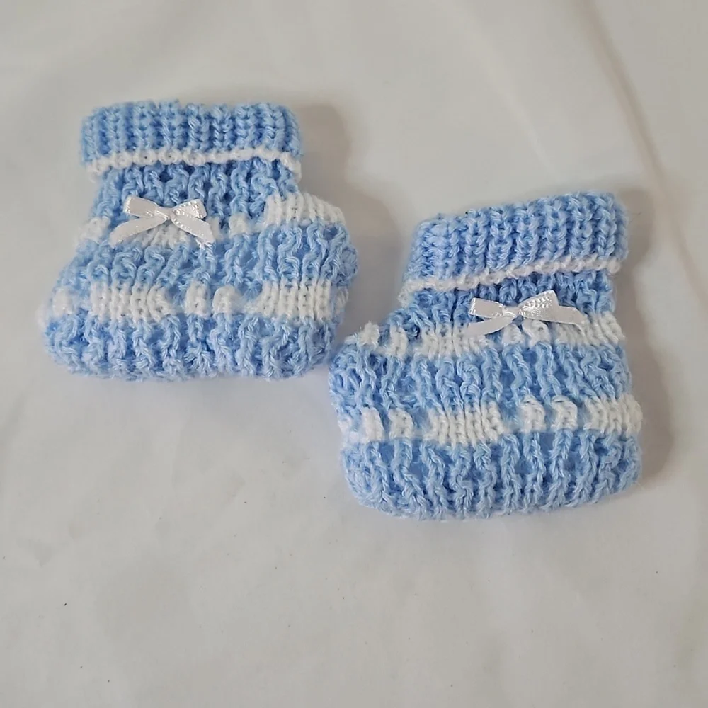 Hand Crafted Crochet Baby Shoes Baby Blue and white Tread & Handmade Bow Ribbon